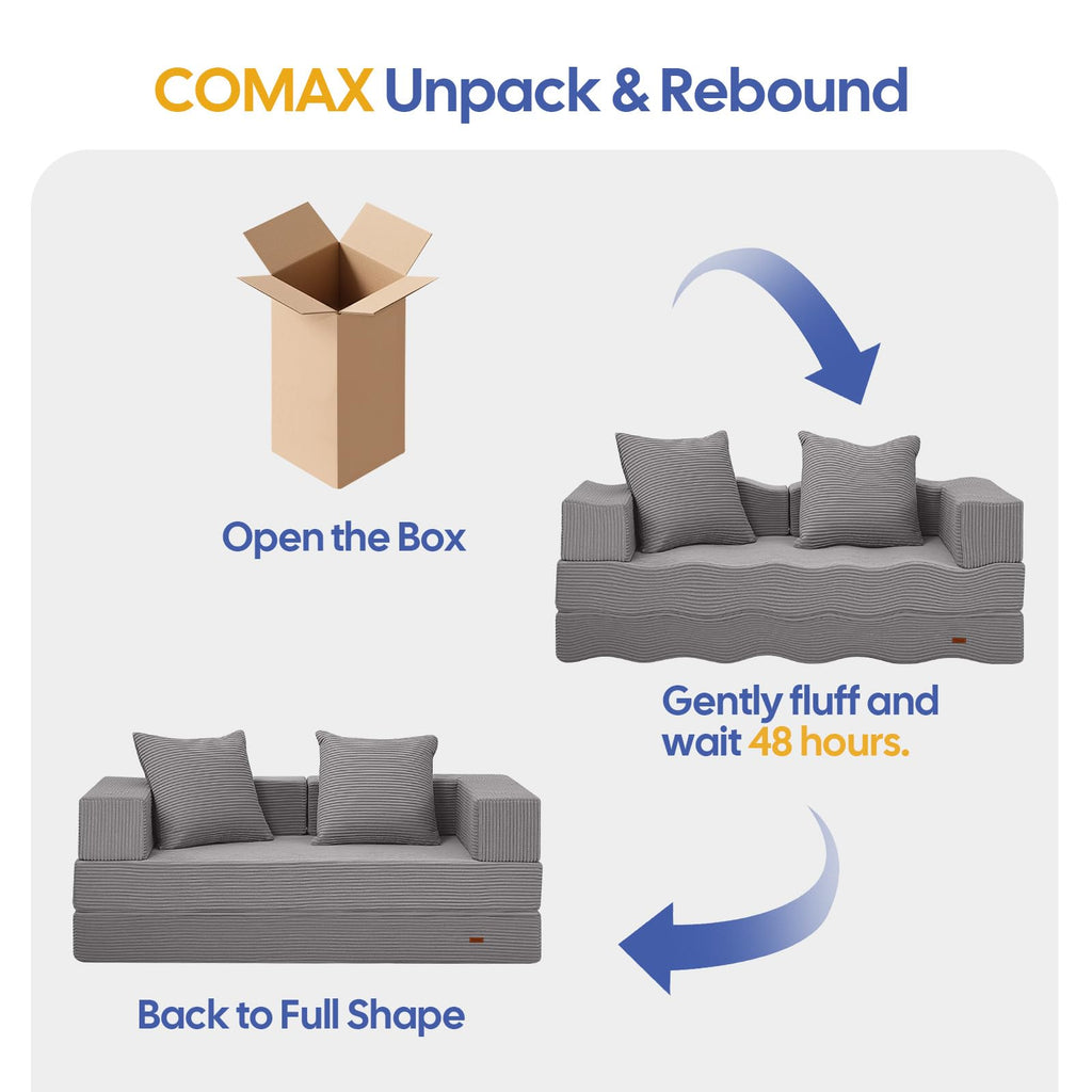 COMAX Futon Sofa Bed, 4‑in‑1 Convertible Sofa Bed, Folding Boneless Couches | Boneless Couch for living room, Fold Out Small Foldable Loveseat Floor Sleeper Mattress Lounge Space‑Saving, Ash Gray