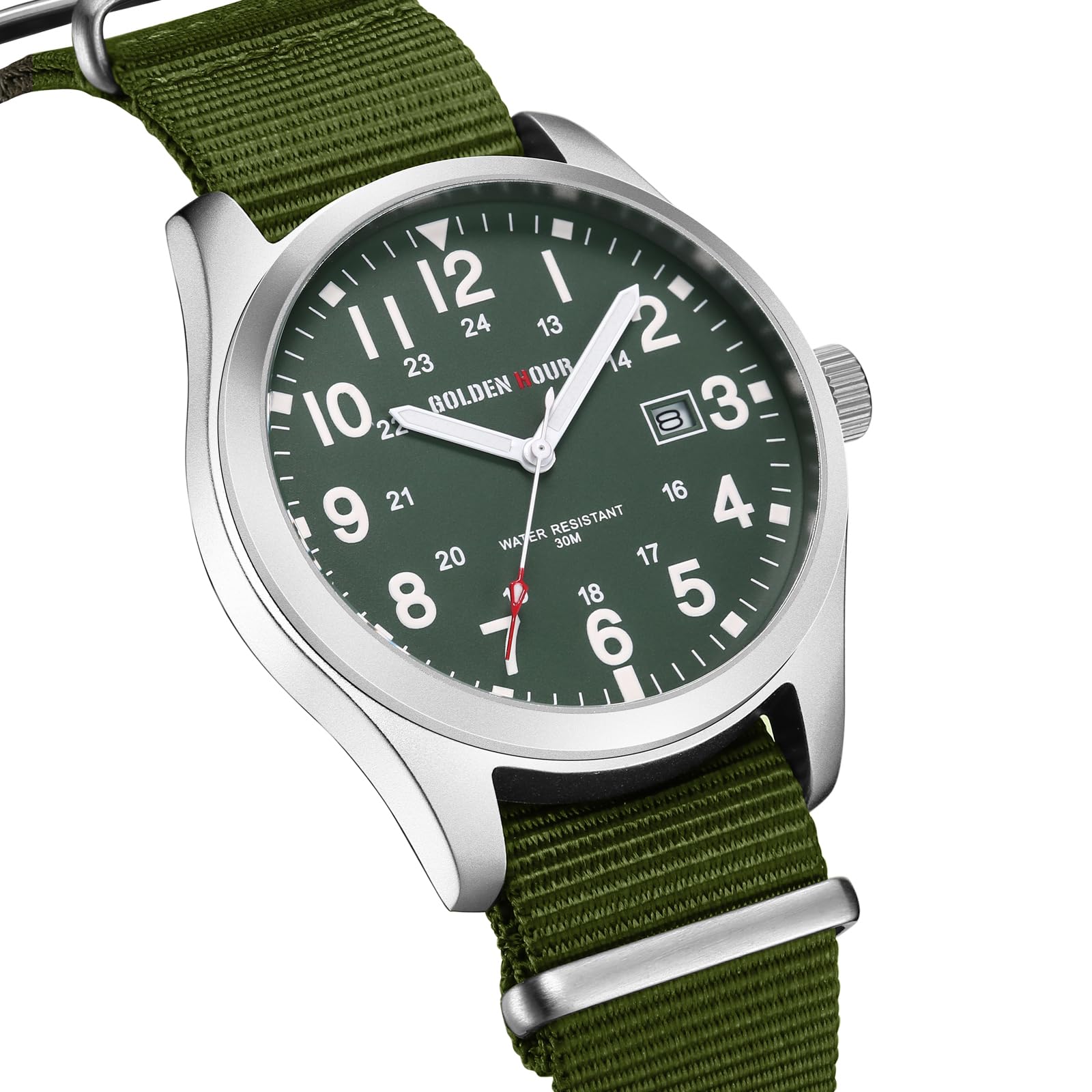 GOLDEN HOUR Men's Nylon Slip-Thru Strap Watch with Military Time Easy Read Dial Glowing Hands