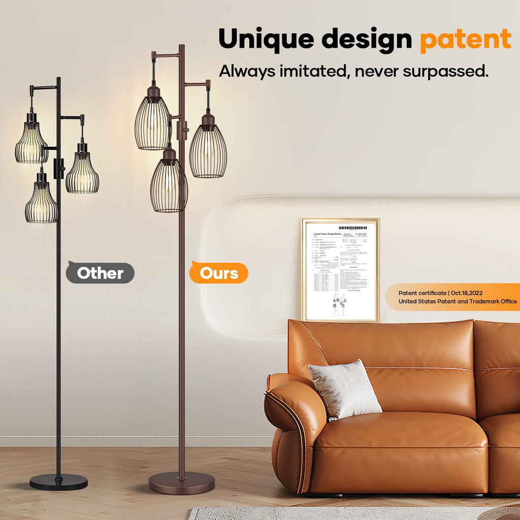 Dimmable Floor Lamp, 3 x 800LM LED Edison Bulbs Included, Farmhouse Industrial Floor Lamp Standing Tree Lamp with Elegant Teardrop Cage Tall Lamps for Living Room Bedroom Office Dining Room-Brass