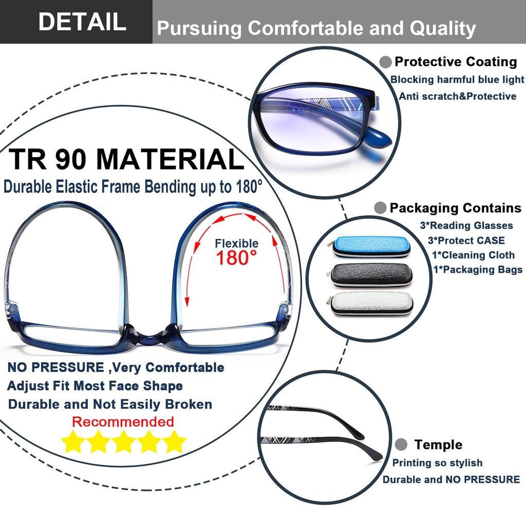 EYEURL Reading Glasses for Women Men Blue Light Blocking, 0.00 Anti Eye Strain Computer Readers, TR90 Ultra Lightweight Rectangle Frame Eyeglasses