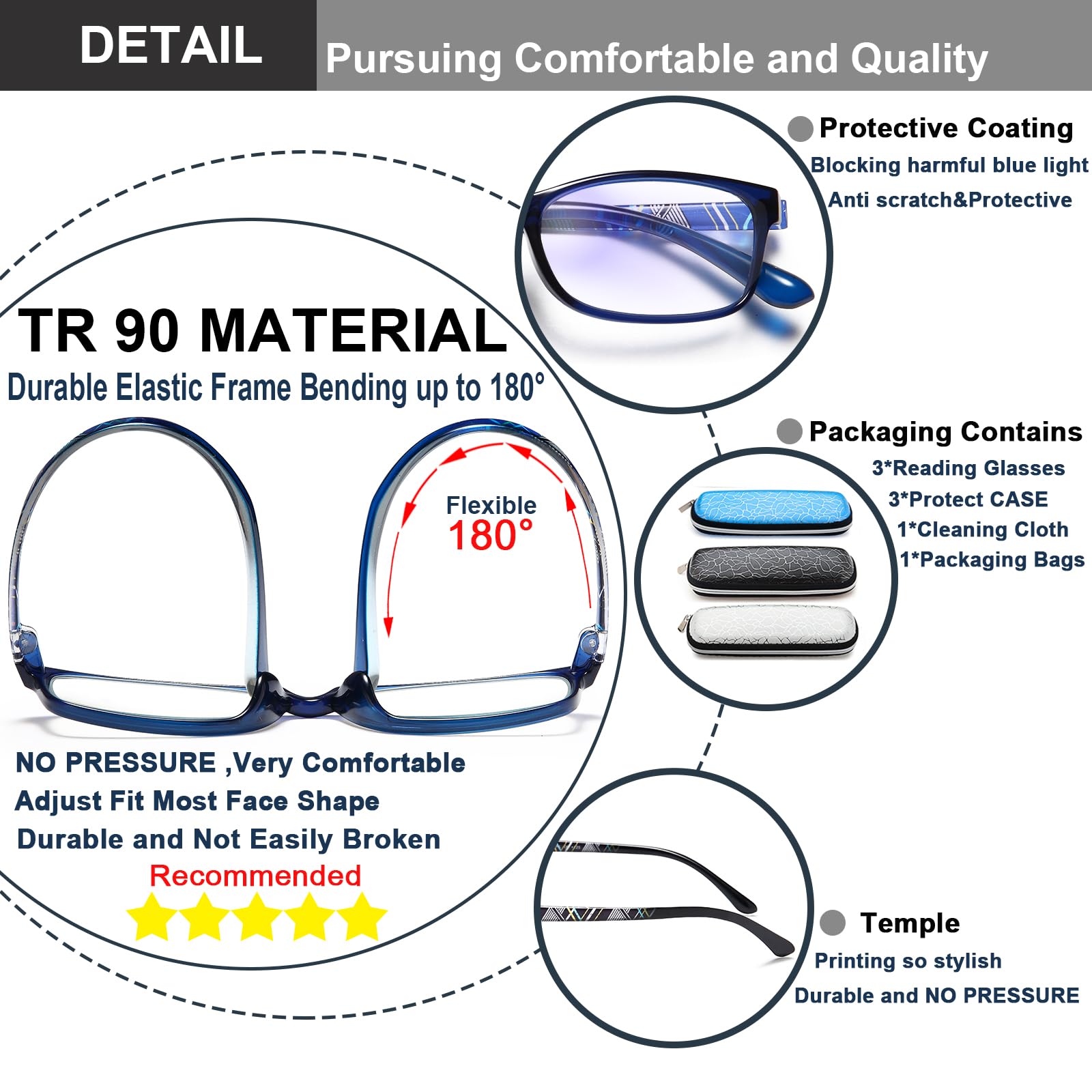 EYEURL Reading Glasses for Women Men Blue Light Blocking, 0.00 Anti Eye Strain Computer Readers, TR90 Ultra Lightweight Rectangle Frame Eyeglasses