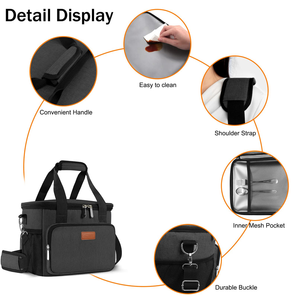 Femuar Lunch Bags for Women/Men, Insulated Lunch Bag for Work Office Picnic - Large Lunch Cooler Bag Leakproof Lunch Box with Adjustable Shoulder Strap for Adults - Grey (15L)
