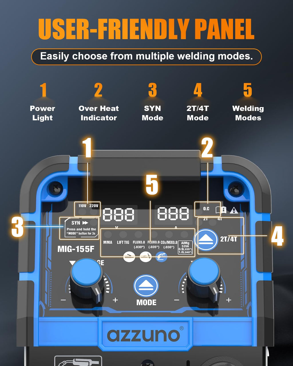 AZZUNO MIG Welder Machine 110V/220V, 155Amp 5-in-1 Gas MIG/Aluminum MIG/Gasless Flux MIG/Lift TIG/Stick Welding Machine, Wire Feed Welder