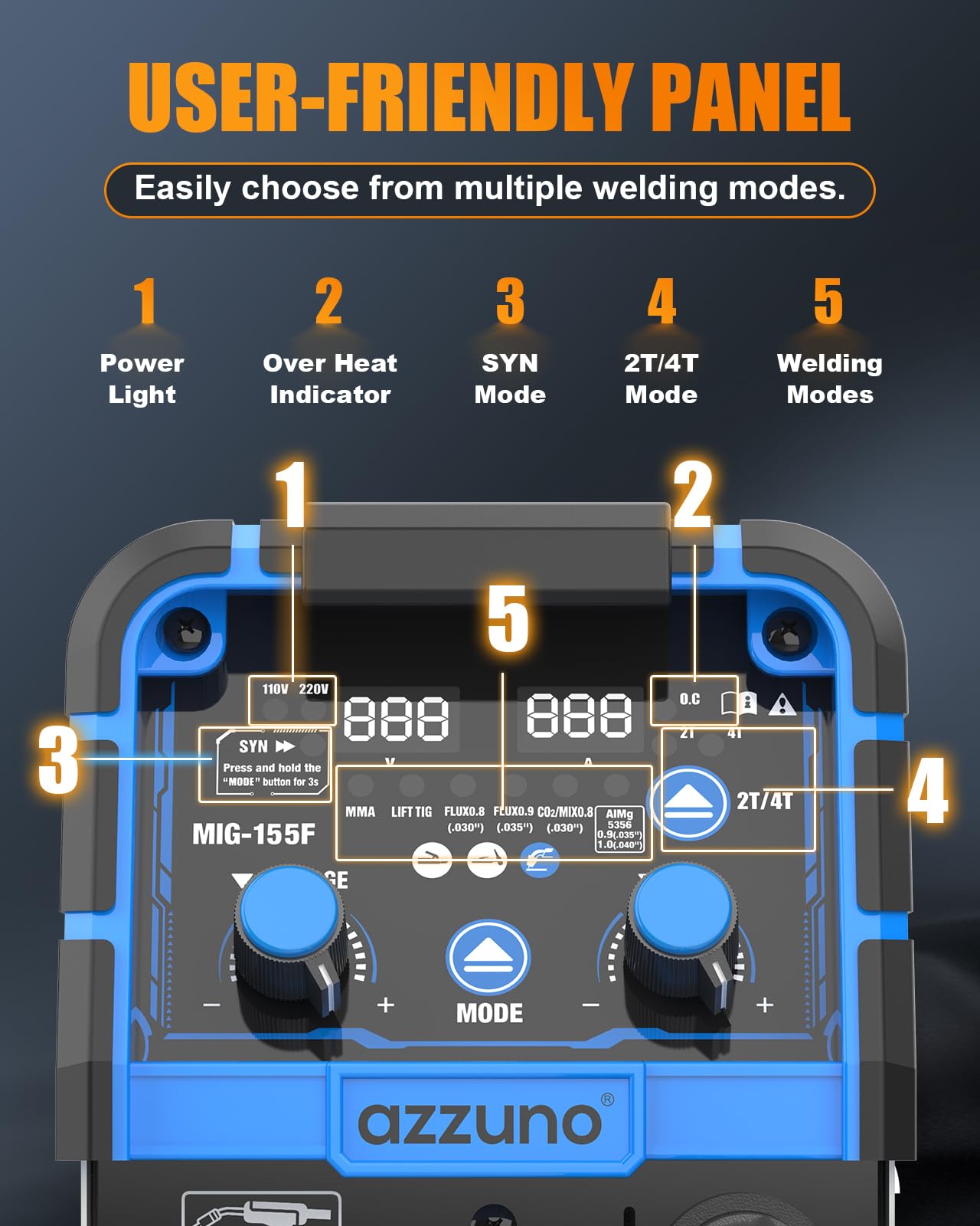 AZZUNO MIG Welder Machine 110V/220V, 155Amp 5-in-1 Gas MIG/Aluminum MIG/Gasless Flux MIG/Lift TIG/Stick Welding Machine, Wire Feed Welder