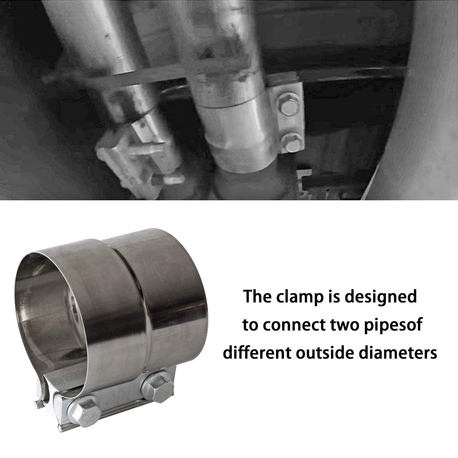 Exhaust Clamps Band Clamp 2.5" Lap Joint - Stainless Steel Lap Joint Exhaust Band Clamp with 1 Block 2Pcs for 2.5" Od to 2.5" Id Exhaust Pipe, Muffler, Elbow and Exhaust Tubing Connection(2 Pack)