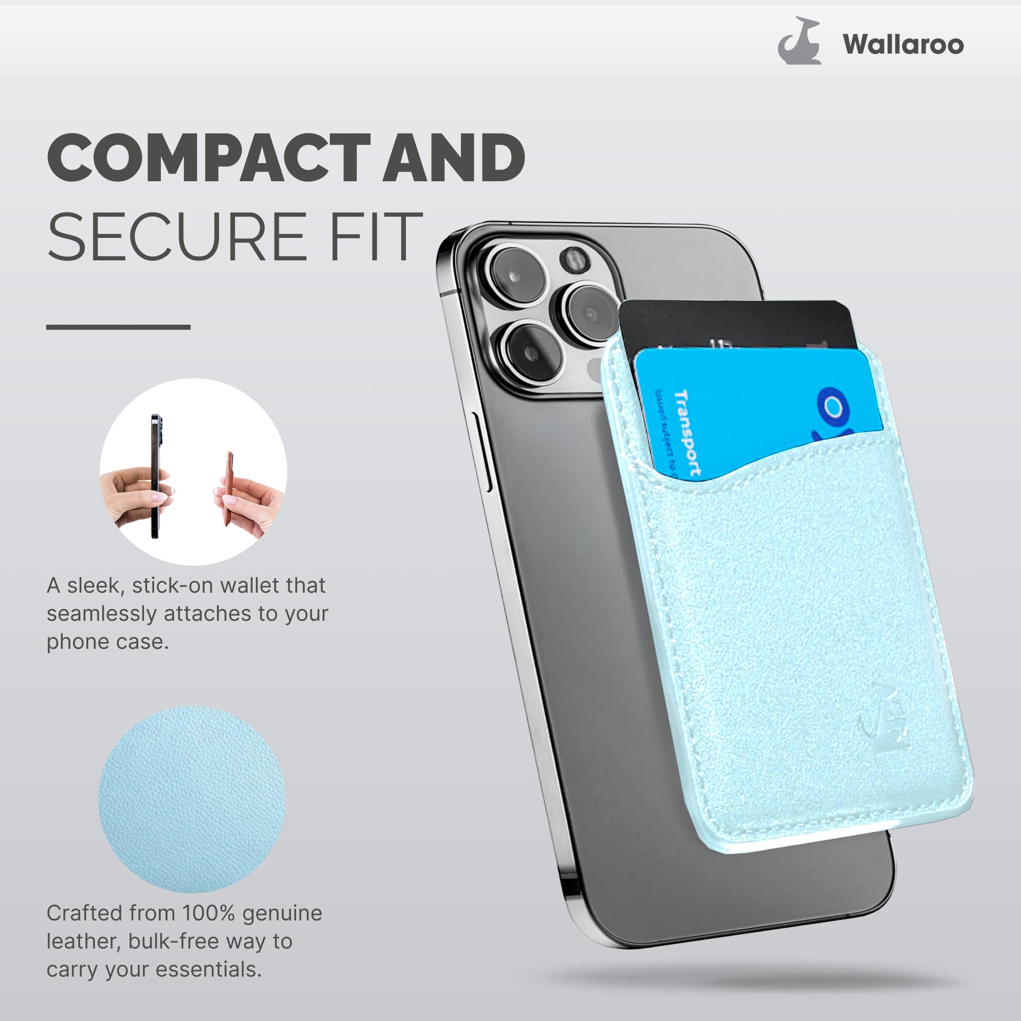 Wallaroo Premium Leather Cell Phone Wallet Stick On - Android and iPhone Wallet and Card Holder for Women and Men - Durable with Non-Slip Lining Secures Up to 3 Cards