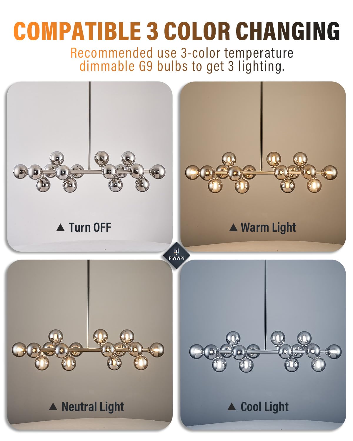 Modern Linear Chandeliers for Dining Room, 8-Light Globe Sputnik Pendant Ceiling Light, Black Dining Room Light Fixture Over Table, Mid Century Glass Milk White Bubble, 31.5 Inch, GC-09