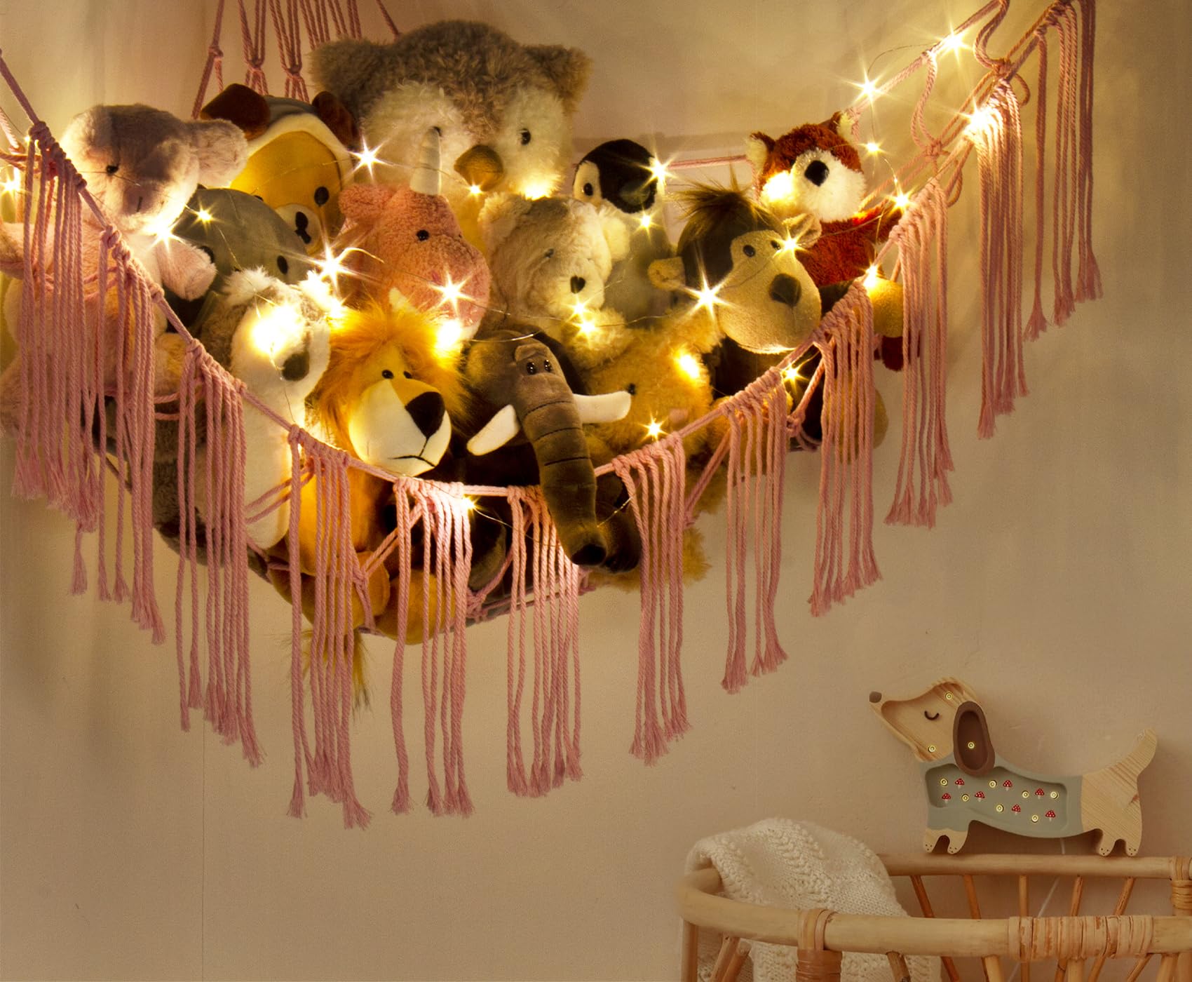 Stuffed Animal Hammock Corner with LED Light - Toy Storage Hammock Plushie Net Large - Cute Stuff Animals Holder Hanging Organizer - Baby Room Decor Kids Toddler Nursery Bedroom Boho