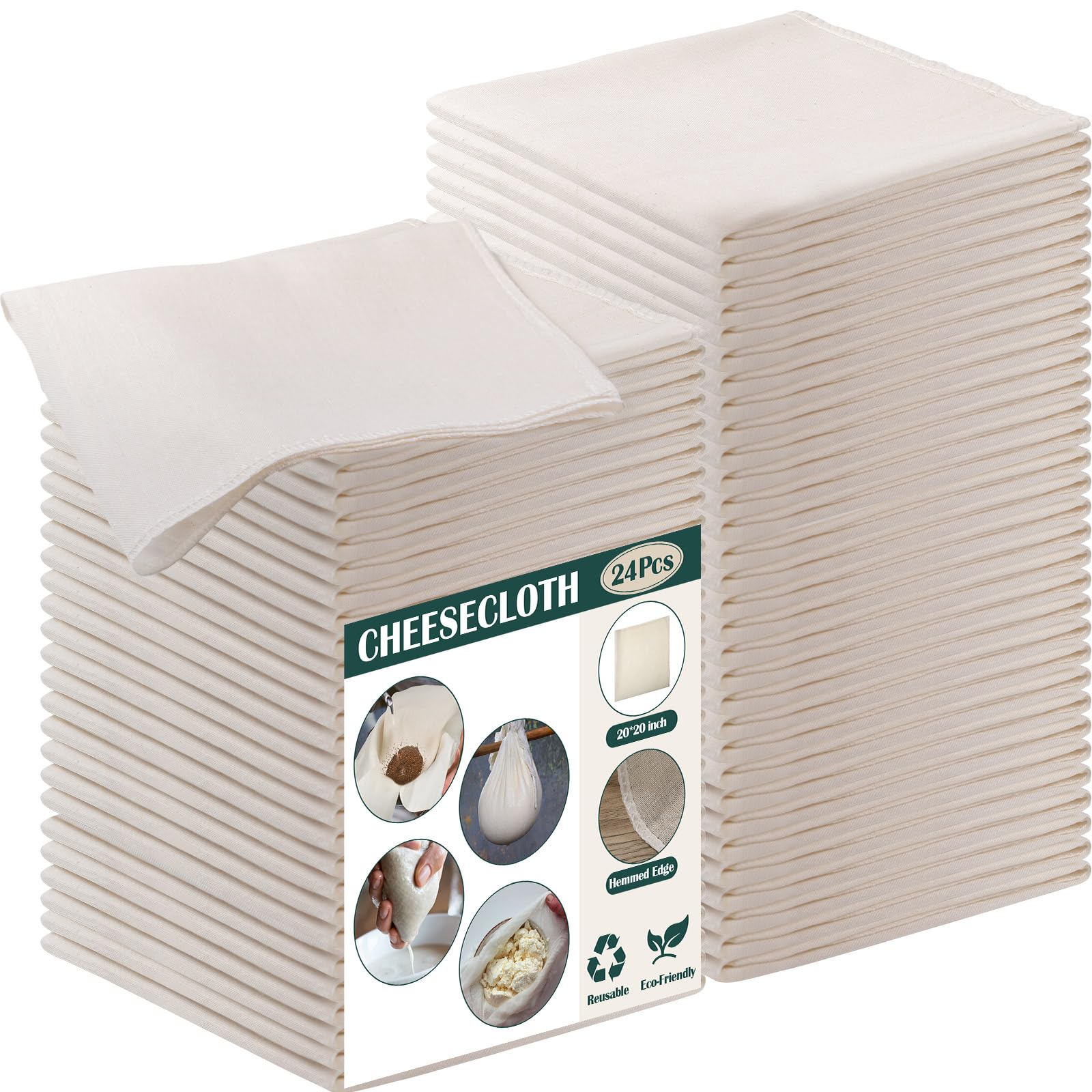 Reginary 24 Pcs 15 x 15 Inches Cheese Cloths Bulk, Grade 100, Hemmed Reusable Cheesecloth Bag for Straining Unbleached Cotton Muslin Cloth for Cheese Making, Cooking, Baking, Juicing, Butter, Turkey