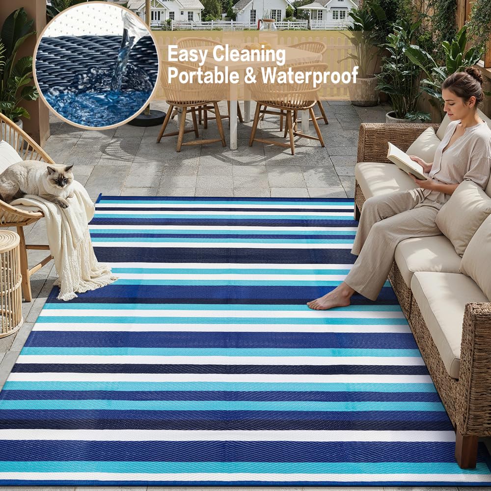 HUGEAR Outdoor Patio Rug 3'x5' Waterproof Outside Area Rugs Blue Reversible Plastic Straw Carpet for RV Deck Camping Entryance Porch Picnic Balcony Beach