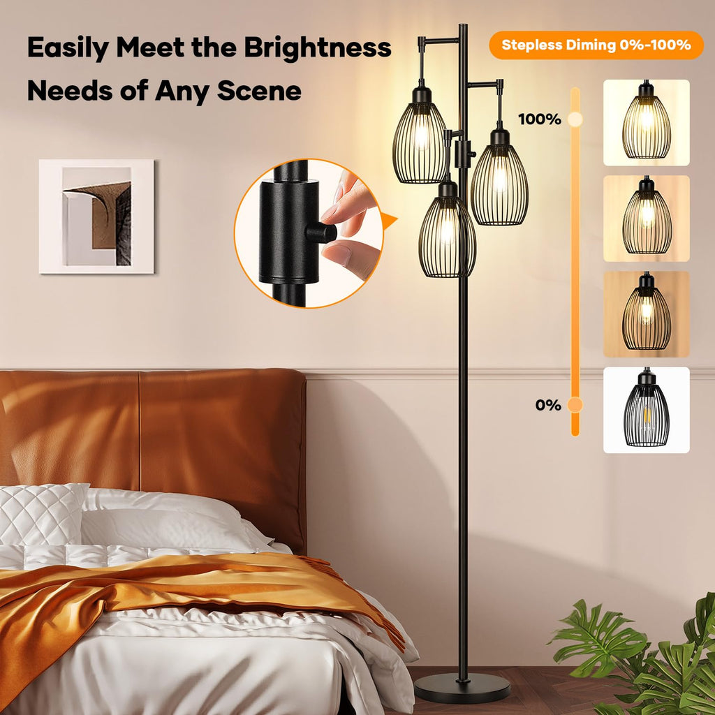 Dimmable Floor Lamp, 3 x 800LM LED Edison Bulbs Included, Farmhouse Industrial Floor Lamp Standing Tree Lamp with Elegant Teardrop Cage Tall Lamps for Living Room Bedroom Office Dining Room-Brass