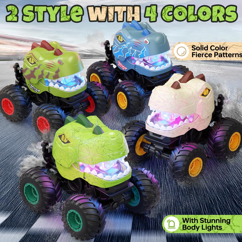 Drefirsa Dinosaur Remote Control Car for Kids Ages 3-5 6-12, Remote Control Monster Truck with Spray, Light, 360° Rolling&90° Driving, All Terrain Dinosaur Toy for Boys Birthday Gift