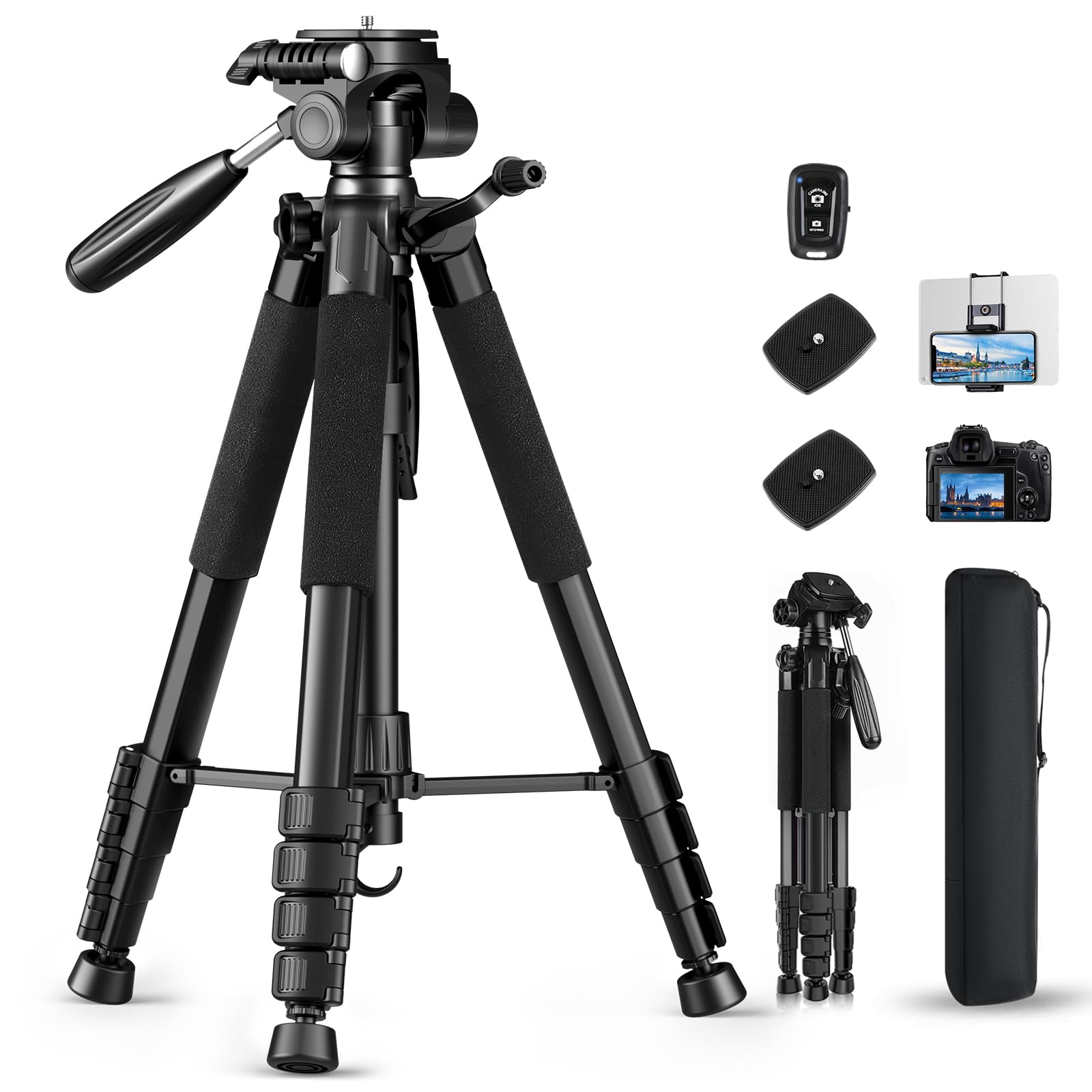 75" Camera Tripod, Aluminum Heavy Duty Camera Stand for ipad Phone, Travel Tripod with/Carry Bag/Phone Tablet Holder, Compatible with Canon Nikon Sony DSLR, Spotting Scopes, Max Load 15 Lb(Black)