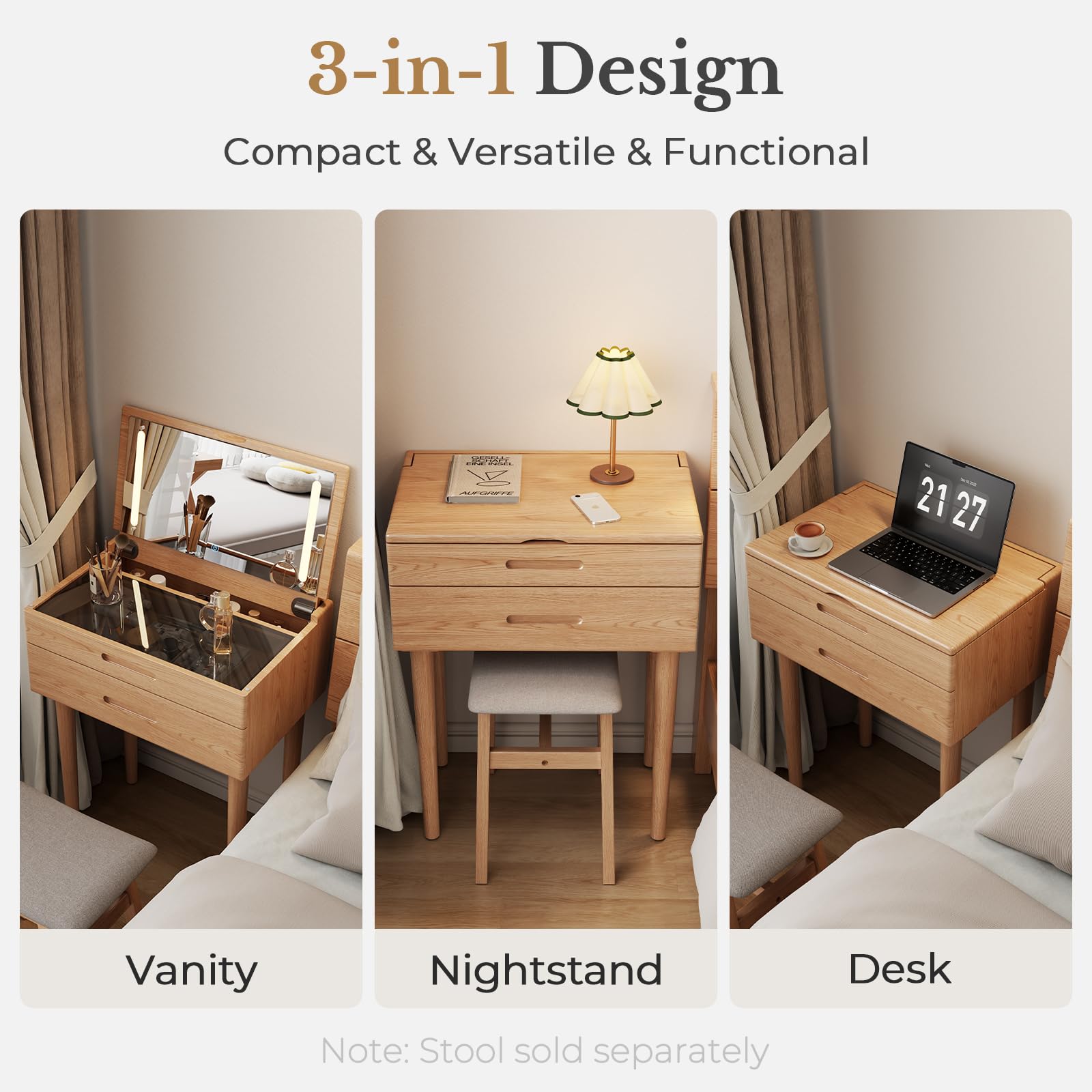 Muwuele Solid Wood Small Vanity Desk with Mirror and Lights, Narrow Makeup Vanity for Small Space, Flip Top Vanity Side Table, 3 Color Modes & Adjustable Brightness, 19.6" Slim Dressing Table, Black