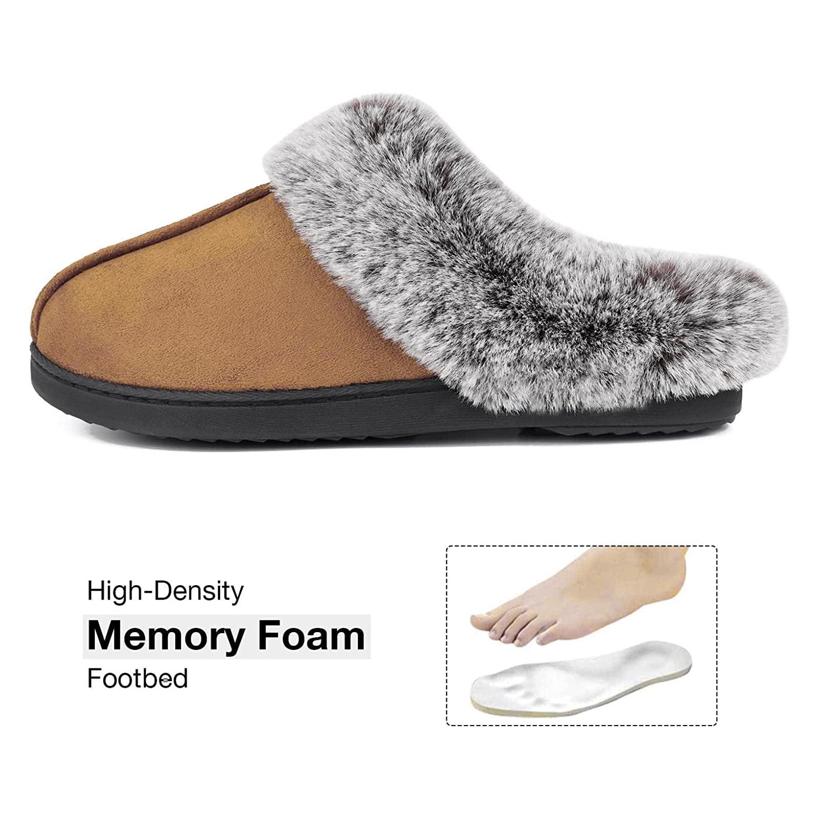 HomeTop Women's Classic Microsuede Memory Foam Slippers Durable Rubber Sole with Warm Faux Fur Collar