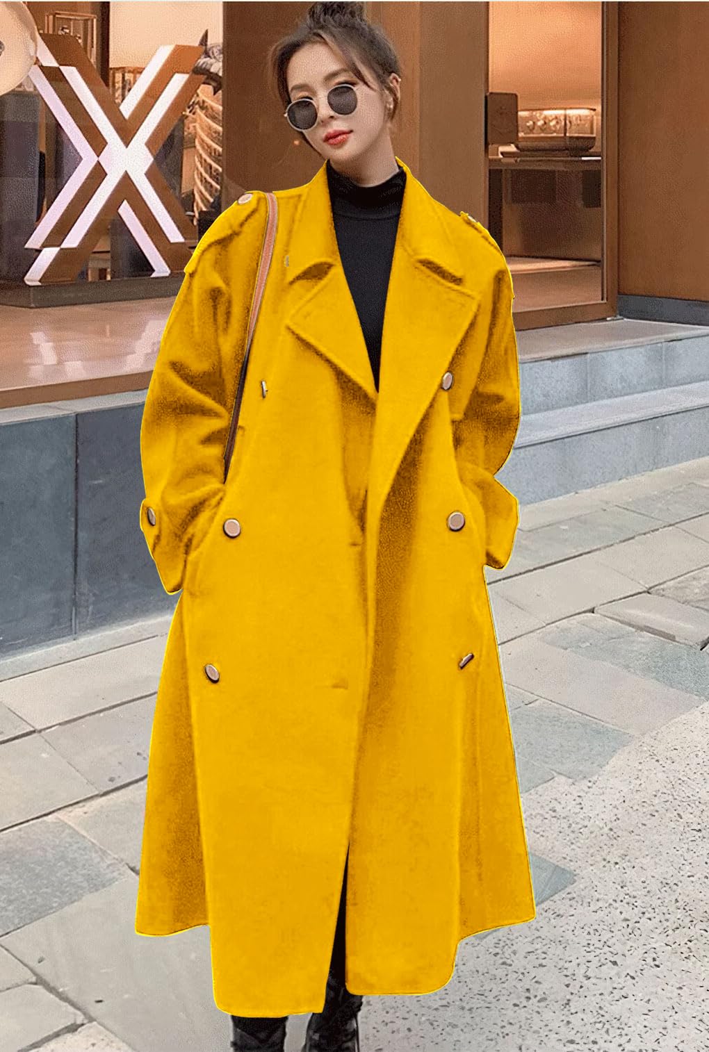 chouyatou Women's Winter Double Breasted Midi Long Wool Pea Coat Notch Lapel Winter Trench Coat