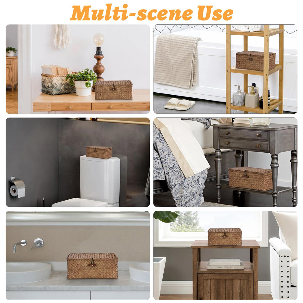 Sumnacon Wicker Basket with Lid Rectangle Woven Baskets for Toiletries Tampon Storage,Wicker Storage Basket with Lid,Decorative Seagrass Storage Baskets for Shelf Bathroom Toilet Table, Caramel