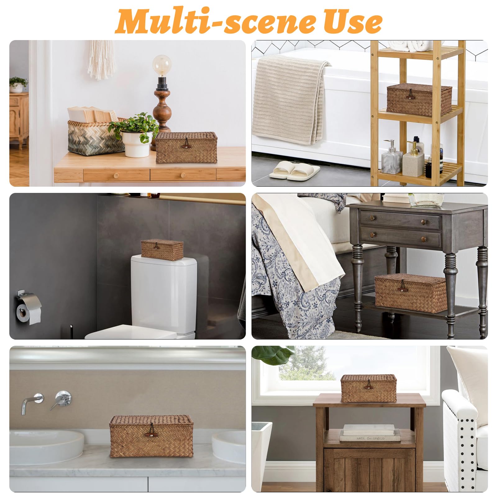 Sumnacon Wicker Basket with Lid Rectangle Woven Baskets for Toiletries Tampon Storage,Wicker Storage Basket with Lid,Decorative Seagrass Storage Baskets for Shelf Bathroom Toilet Table, Caramel
