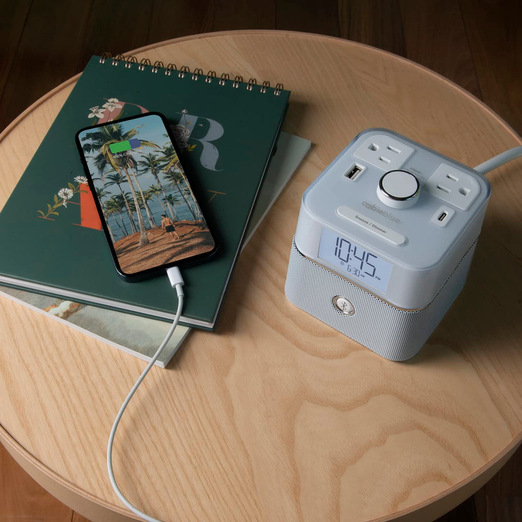 Brandstand | CubieBlue | User Friendly & Convenient Alarm Clock Charger | 2 USB Ports | 2 Tamper Resistant Sockets | Brandstand Bluetooth Speaker
