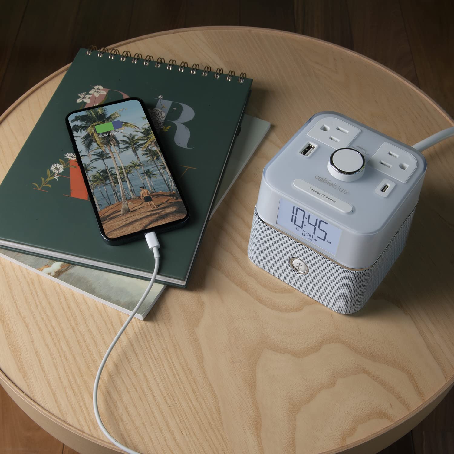 Brandstand | CubieBlue | User Friendly & Convenient Alarm Clock Charger | 2 USB Ports | 2 Tamper Resistant Sockets | Brandstand Bluetooth Speaker