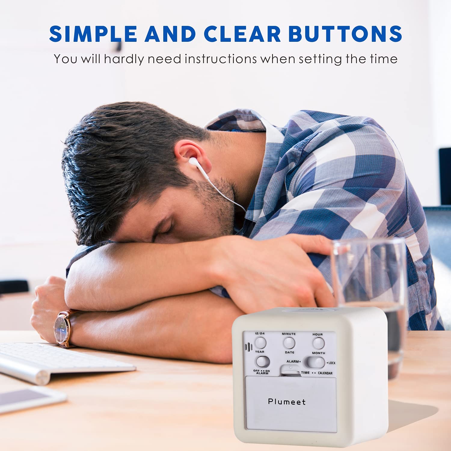 Plumeet Digital Alarm Clock Kids Clock with Snooze and White Nightlight - Easy Setting Travel Alarm Clocks Display Time, Date, Alarm - Ascending Sound - Battery Powered (Baby Blue)