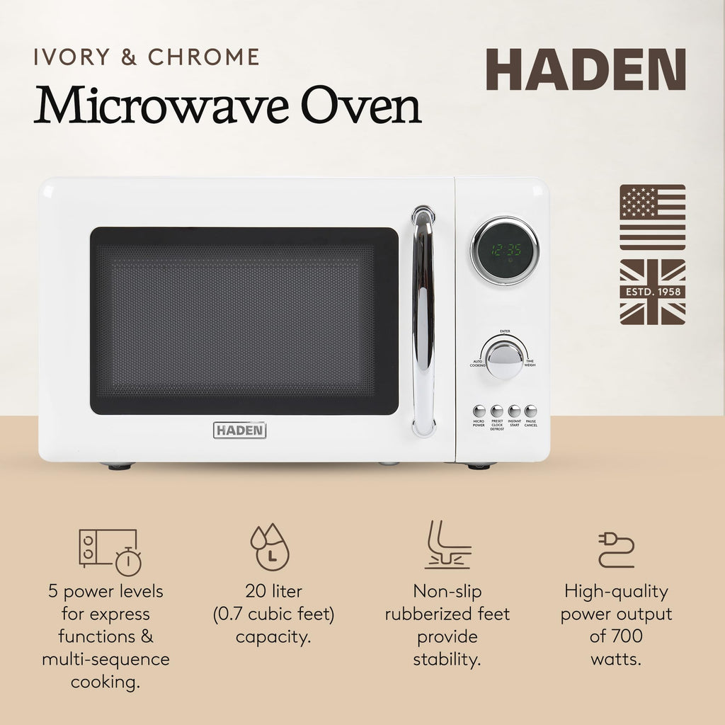 Haden 700 Watt 0.7 Cubic Foot Microwave Oven with Digital Controls, Defrost, and Instant Start Countertop Small Appliance, Ivory/Chrome