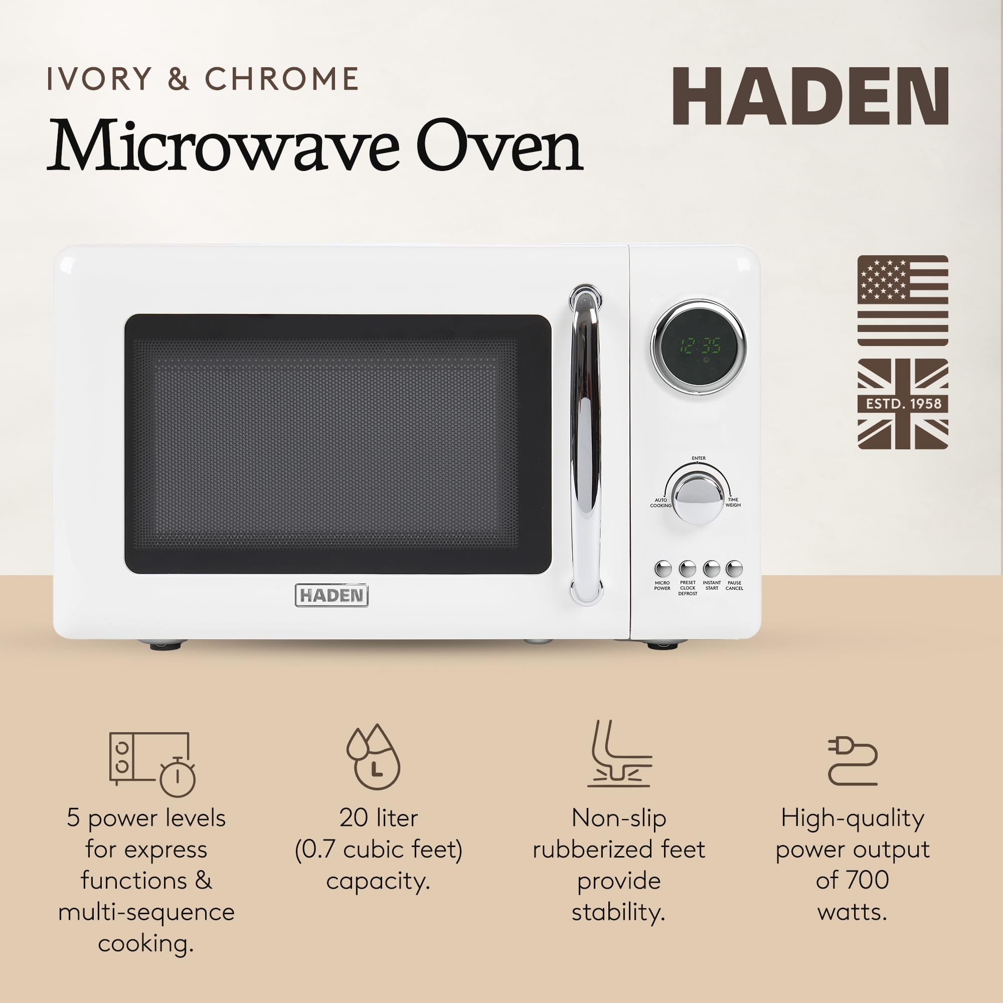 Haden 700 Watt 0.7 Cubic Foot Microwave Oven with Digital Controls, Defrost, and Instant Start Countertop Small Appliance, Ivory/Chrome