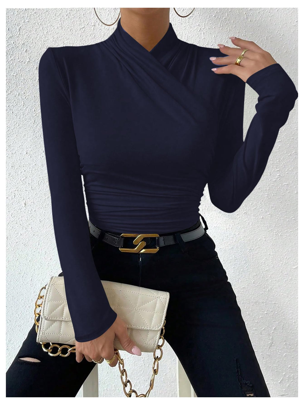 SweatyRocks Women's Ruched Mock Neck Long Sleeve T Shirt Solid Slim Fitted Tee Tops