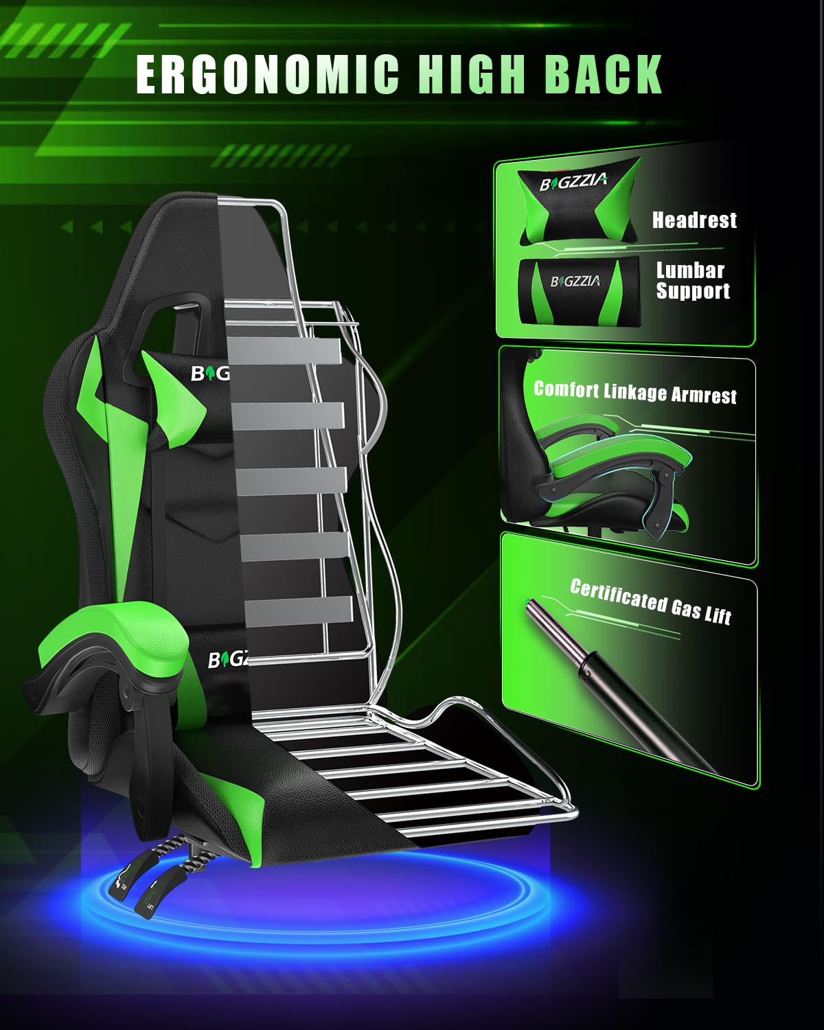 Bigzzia Gaming Chair with RGB LED Lights for Kids & Adults, High Back Ergonomic Computer Gamer Chair with Headrest and Lumbar Support, Racing Style Reclining Game Chair(Black)