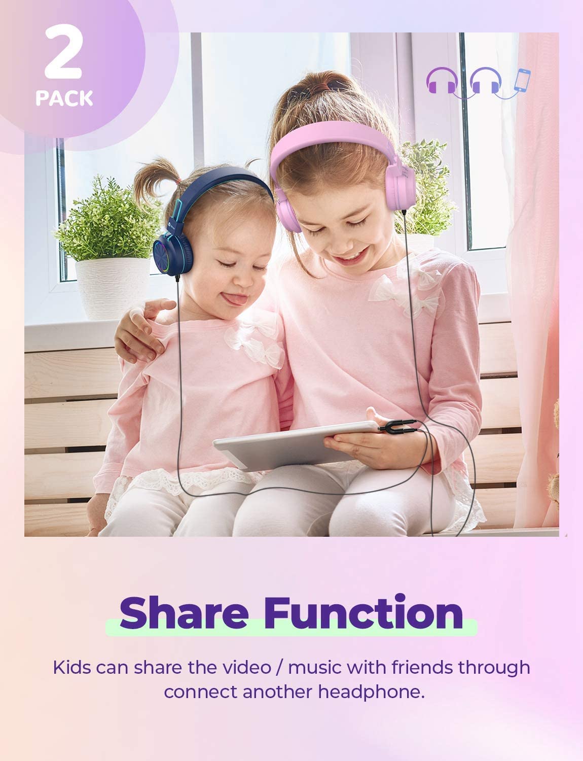 iClever BTH03 Kids Bluetooth Headphones, Colorful LED Lights,35H Playtime, Bluetooth 5.4, Type C Fast Charging, Stereo Sound Mic,On Ear Kids Wireless Headphones for iPad Airplane (Blue&Pink, 2 Pack)