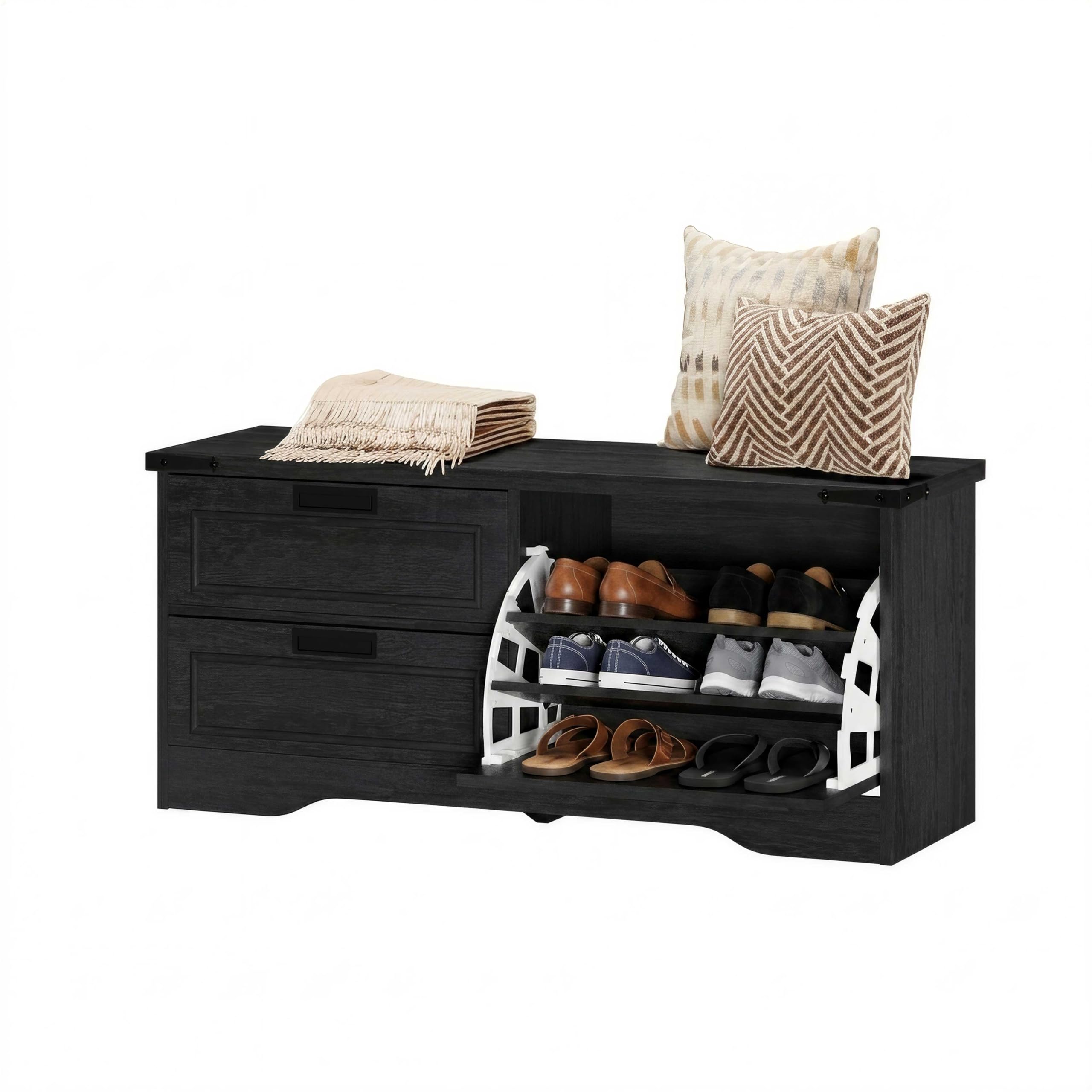 FATORRI Entryway Bench with Storage, 41 Inch Shoe Storage Bench, Industrial Wood Shoe Bench for Entry Way, Living Room, Bedroom and Mudroom (Black)