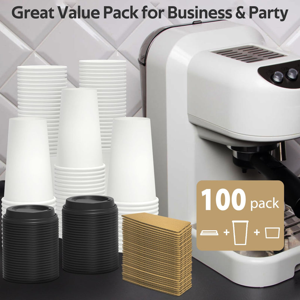 Dealusy 100 Pack 12 oz Disposable Coffee Cups with Lids and Sleeves, Sturdy Thick Paper & Leak-free Insulated to Go Paper Hot Coffee Cups with Sip Lids for Hot & Cold Beverage