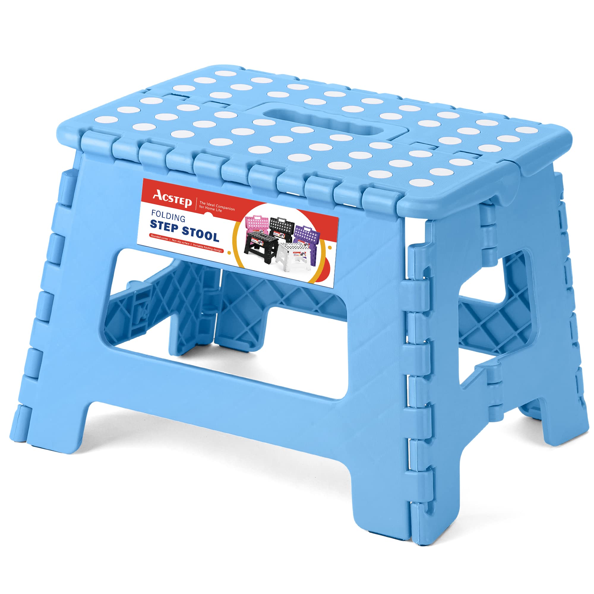 ACSTEP 9 Inch Folding Step Stool 300 LB Capacity Plastic Foldable Step Stools for Kids and Adults, Folding Stool Suitable for Kitchen, Stepping Stool with Handle Bicolor Green Small Step Stool 1PC