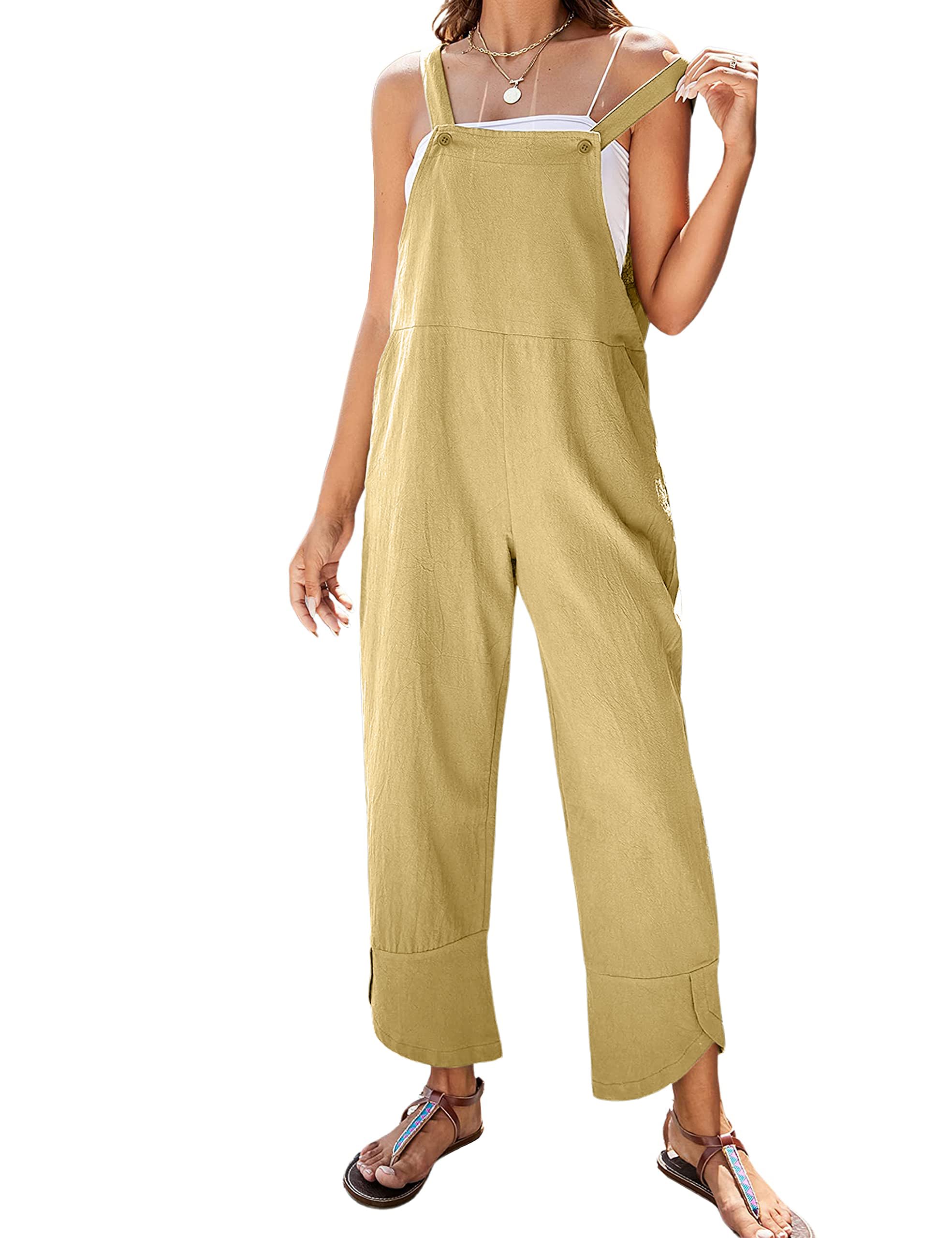 APAFES Women Summer Sleeveless Cotton Linen Bib Overalls Tulip Baggy Capri Jumpsuits with Pockets