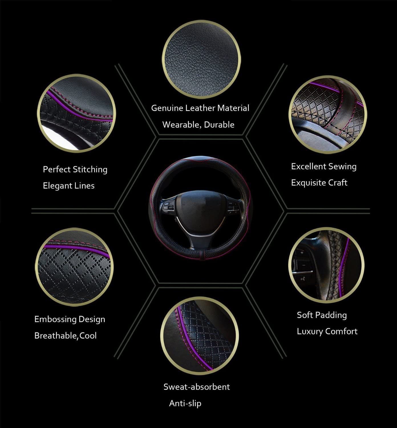Car Steering Wheel Cover, Anti-Slip, Safety, Soft, Breathable, Heavy Duty, Thick, Full Surround, Sports Style (Black)