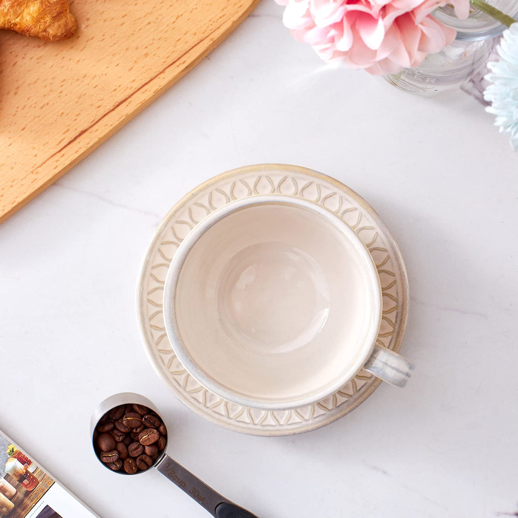 Coffeezone Vintage Design 12 oz Ceramic Latte Art Cappuccino Barista Cup with Saucer (Beige)