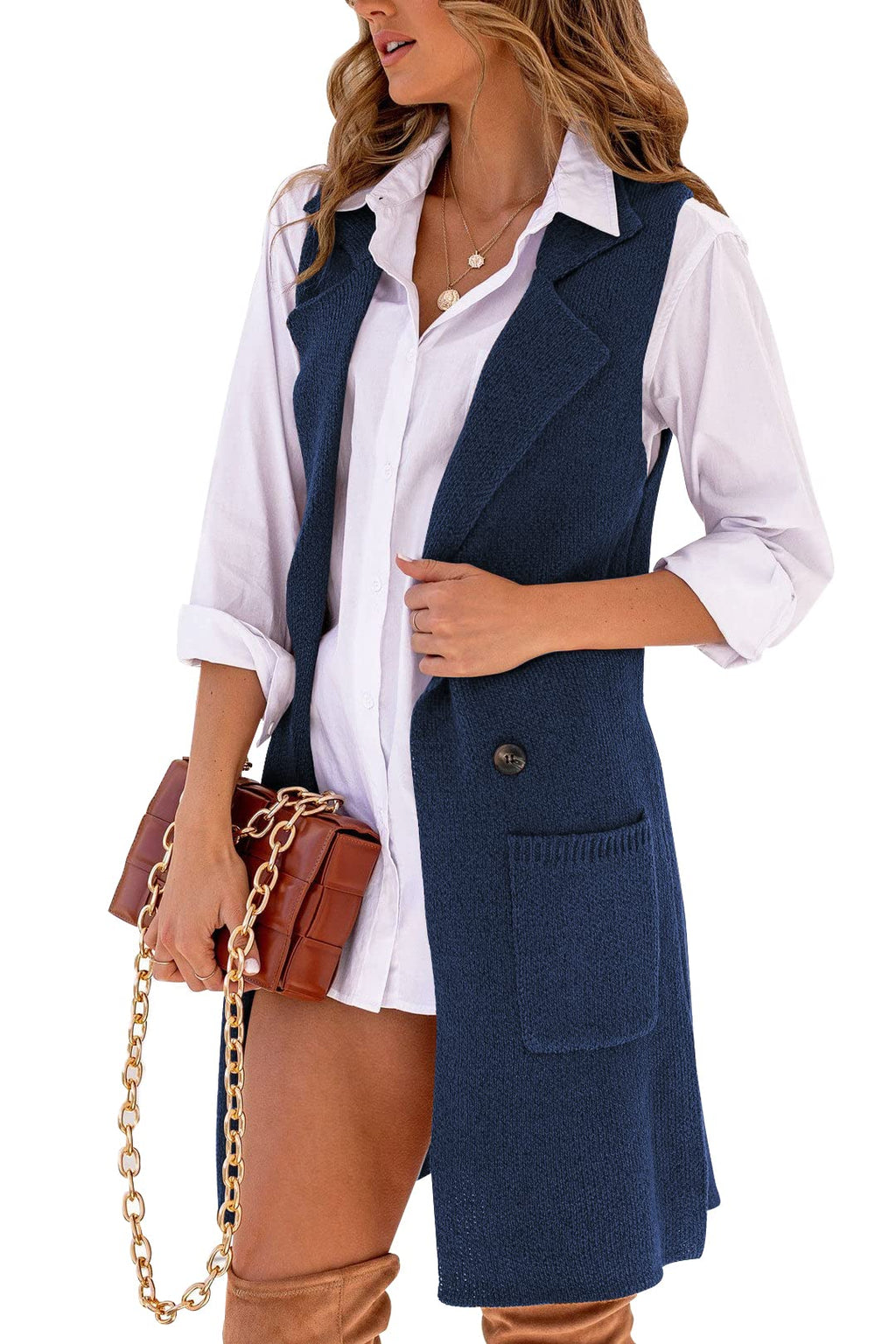 Danedvi Women Open Front Lapel Collar Cardigan Vest Button Down Long Sweaters Cardigan Solid Outerwear Coats