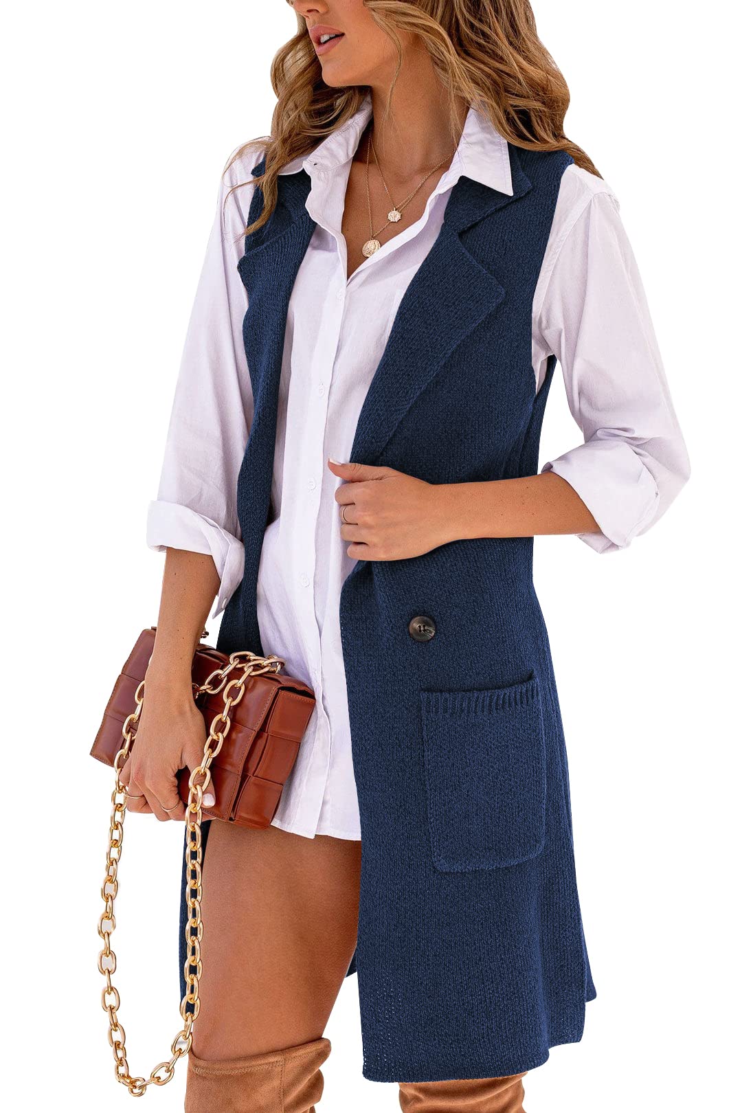 Danedvi Women Open Front Lapel Collar Cardigan Vest Button Down Long Sweaters Cardigan Solid Outerwear Coats