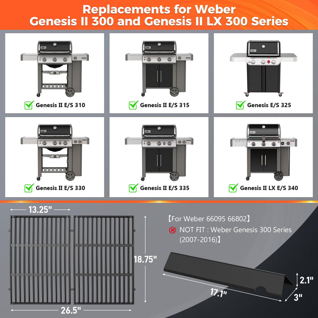 Grill Parts for Weber Genesis 300 Grills with Front Control Knob, Grill Grates for Genesis E310 S310 E/S320 E/S330, 17.5" Flavorizer Bars&Heat Deflectors, 19.5" Grill Grates for Weber 7524 7621 65505