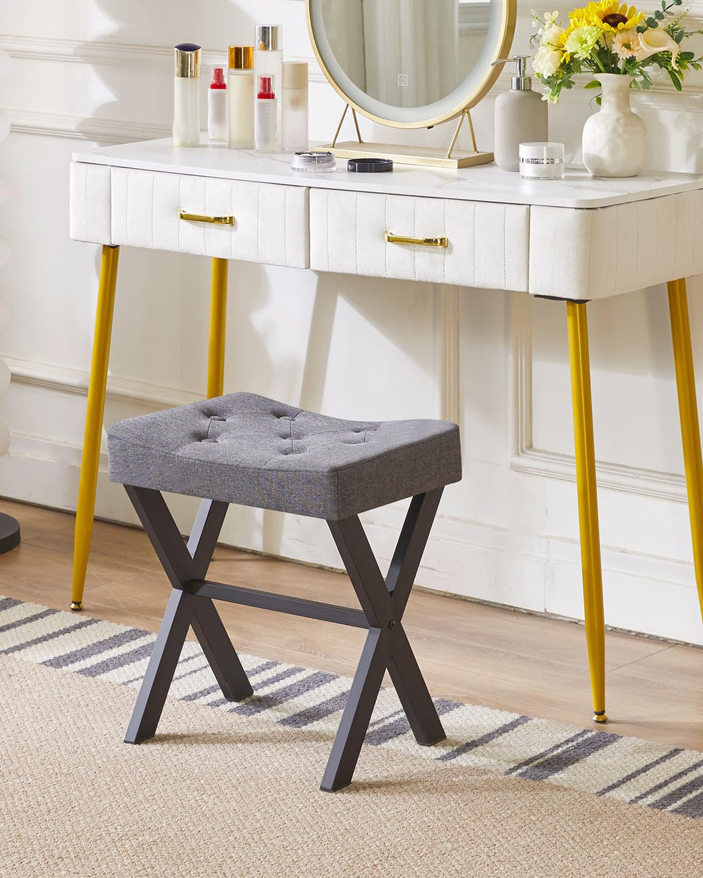 IBUYKE U-Shaped PU Vanity Stool, Square Makeup Chair with X-Leg, Ottoman Seat Footrest Stool, Multi-Use as Small Side Table, for Bedroom, Living Room, Black WBD019B