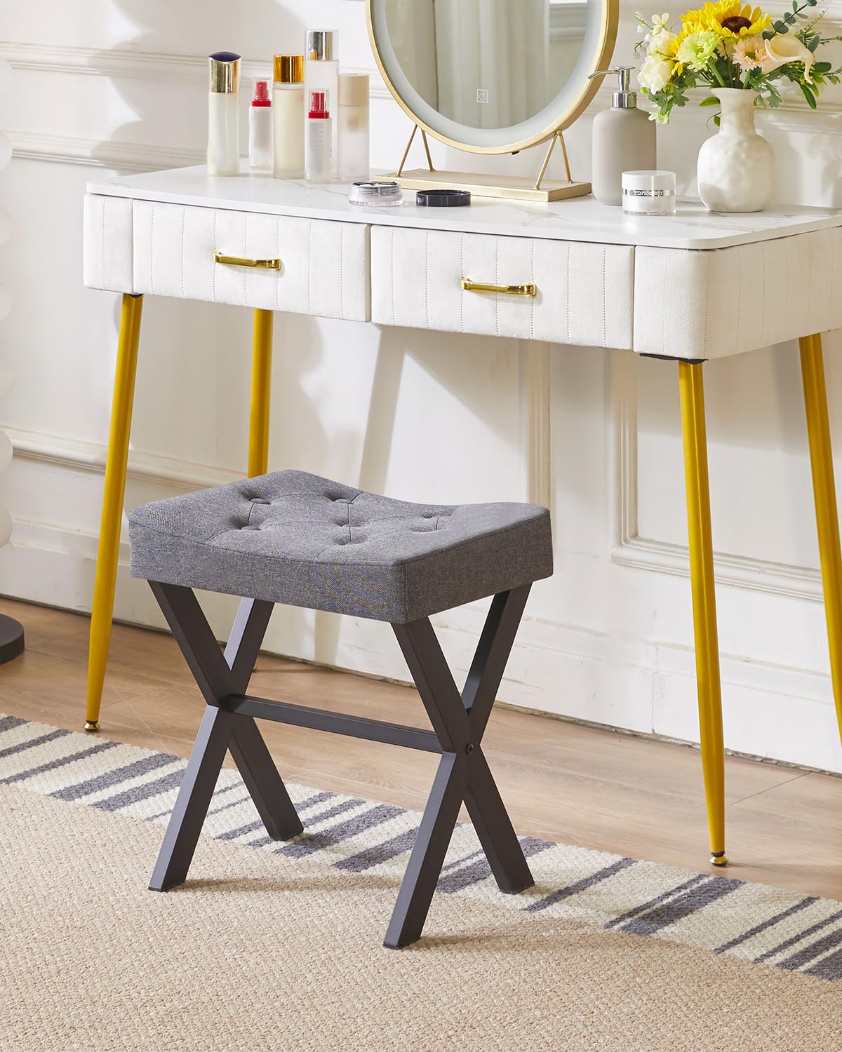 IBUYKE U-Shaped PU Vanity Stool, Square Makeup Chair with X-Leg, Ottoman Seat Footrest Stool, Multi-Use as Small Side Table, for Bedroom, Living Room, Black WBD019B