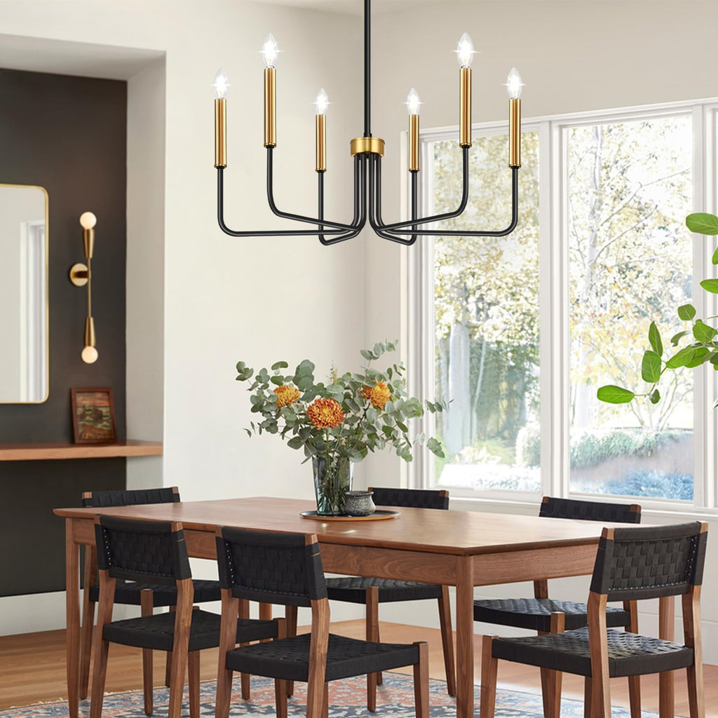 Rustic Black Chandelier, 6-Light Antique Farmhouse Chandelier for Dining Room Lighting Fixtures, Vintage Candle Pendant Light Fixtures Chandeliers for Dining Room Bedroom, Foyer and Living Room