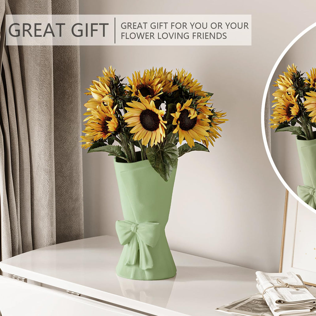 Relexome Beige Ceramic Bow Vase 9.64 in Unique Cute Modern Decorative Bouquet Flower Vases for Home Living Room Table Decor Women Girl Gifts