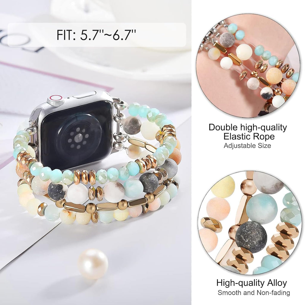 VISOOM Beaded Boho Bracelet Compatible for Apple Watch Band 40mm/38mm/41mm/42mm Series 11 10 9 8 7 SE Series 6/5/4 Women Fashion Cute Handmade Crystal Beads Stretchy Watch Strap for iWatch Bands 3/2/1