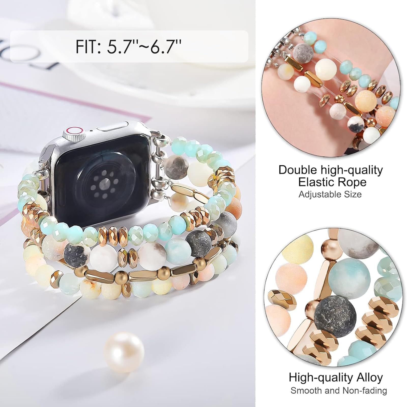 VISOOM Beaded Boho Bracelet Compatible for Apple Watch Band 40mm/38mm/41mm/42mm Series 11 10 9 8 7 SE Series 6/5/4 Women Fashion Cute Handmade Crystal Beads Stretchy Watch Strap for iWatch Bands 3/2/1