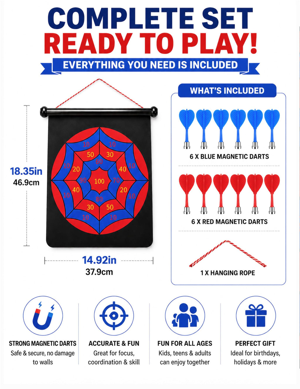 Magnetic Dart Board for Kids, Teens, Adults, Double-Sided Roll-Up Dart Board Games for Kids Age 3-18 with 12 Magnetic Darts, Indoor Outdoor Boys Toys for Backyard, Gifts for Teen Boys