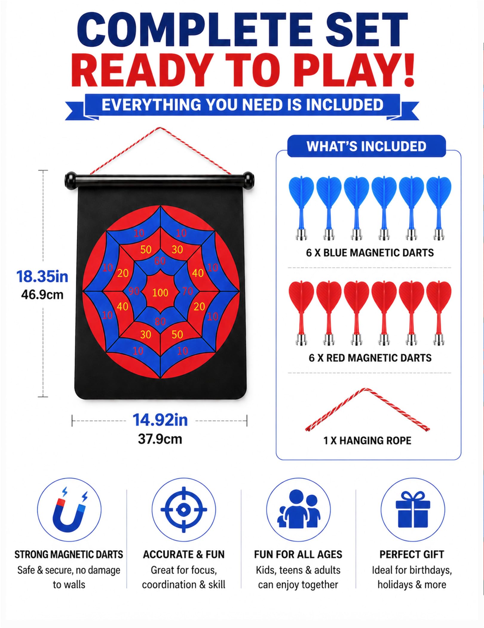 Magnetic Dart Board for Kids, Teens, Adults, Double-Sided Roll-Up Dart Board Games for Kids Age 3-18 with 12 Magnetic Darts, Indoor Outdoor Boys Toys for Backyard, Gifts for Teen Boys