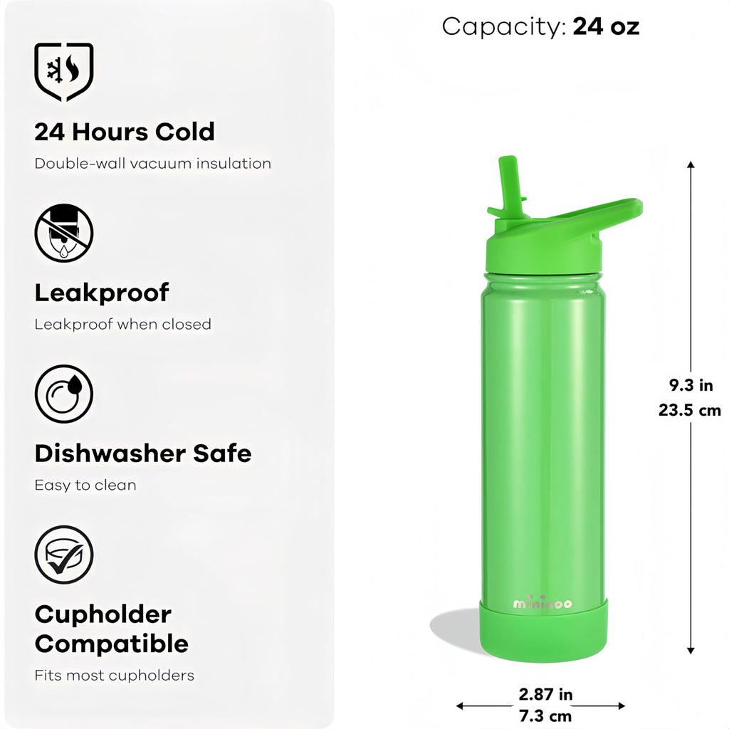mininoo 24 oz Insulated Water Bottle with Straw Lid, Stainless Steel Double Wall Vacuum, Leak Proof, BPA Free, Keep Cold for 24H & Hot for 12H-2 pack(Black)