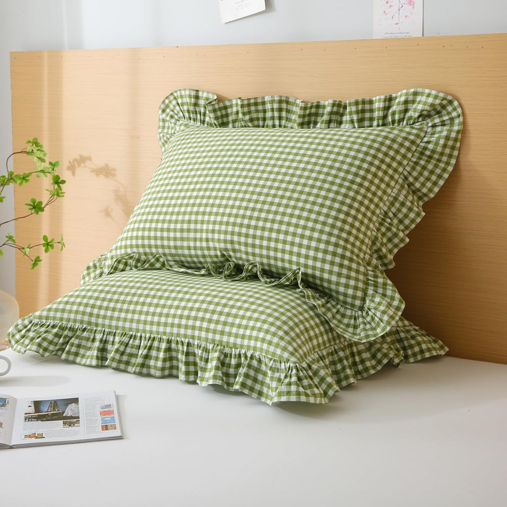 Silnuo Green/White Plaid Ruffled Queen Size Pillow Shams Set of 2,Washed Cotton Shabby Checkered Gingham Farmhouse Bed Pillow Covers 20"x30"