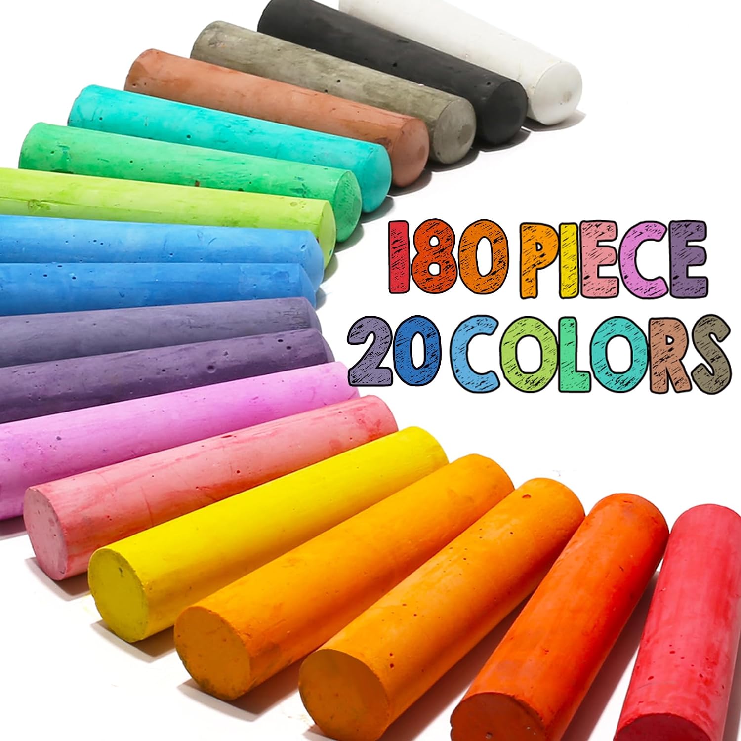 180 Pack Washable Sidewalk Chalk for Kid, 20 Colors Non-Toxic Jumbo Chalk Paint Bulk for Summer Outdoor Activity, Playground, School Classroom Chalkboard, Chalk Party Favors Set for Toddler Kids Adult